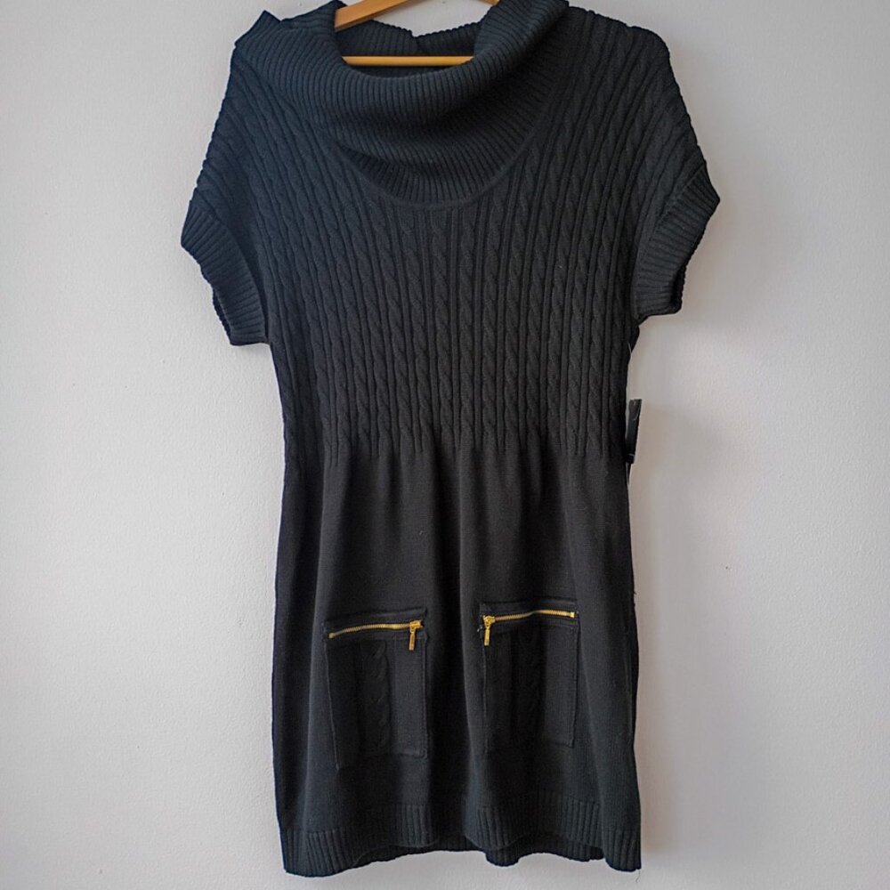 ALFANI Black Cable Knit Sweater Dress with Zipper Pockets - Size L